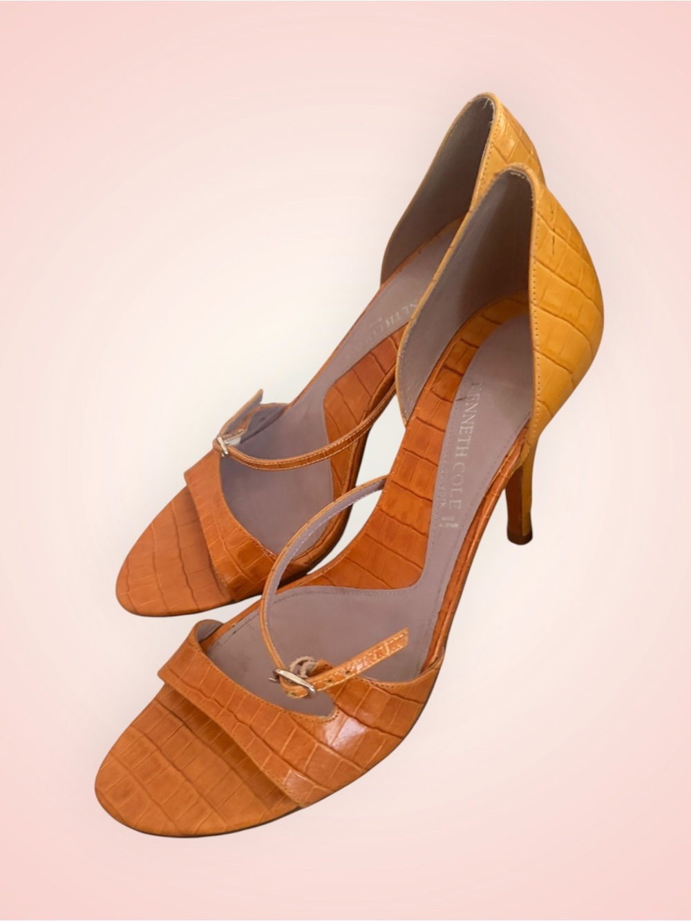 Kenneth Cole straply Leather Croc-Embossed Orange High Heel sandals 7.5